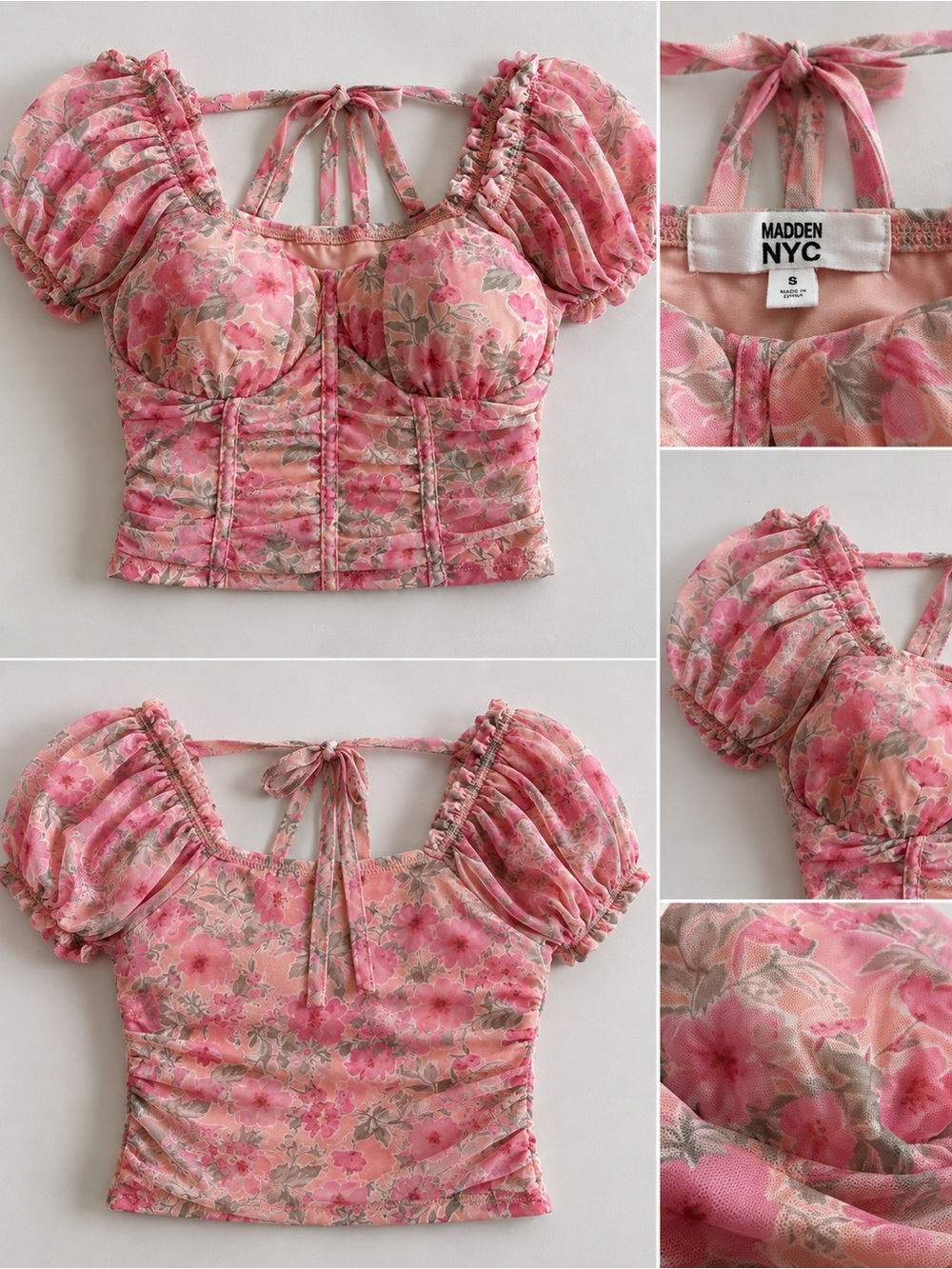 Madden NYC Pink Floral Ruched Puff Sleeve Corset Top Size Small